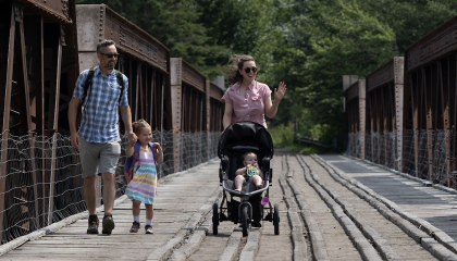 Family walking on bridge